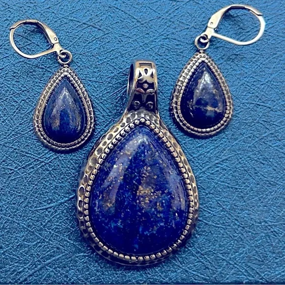 New Bold Blue Lapis Lazuli Pendant & Earring Jewelry Set - Picture 1 of 5